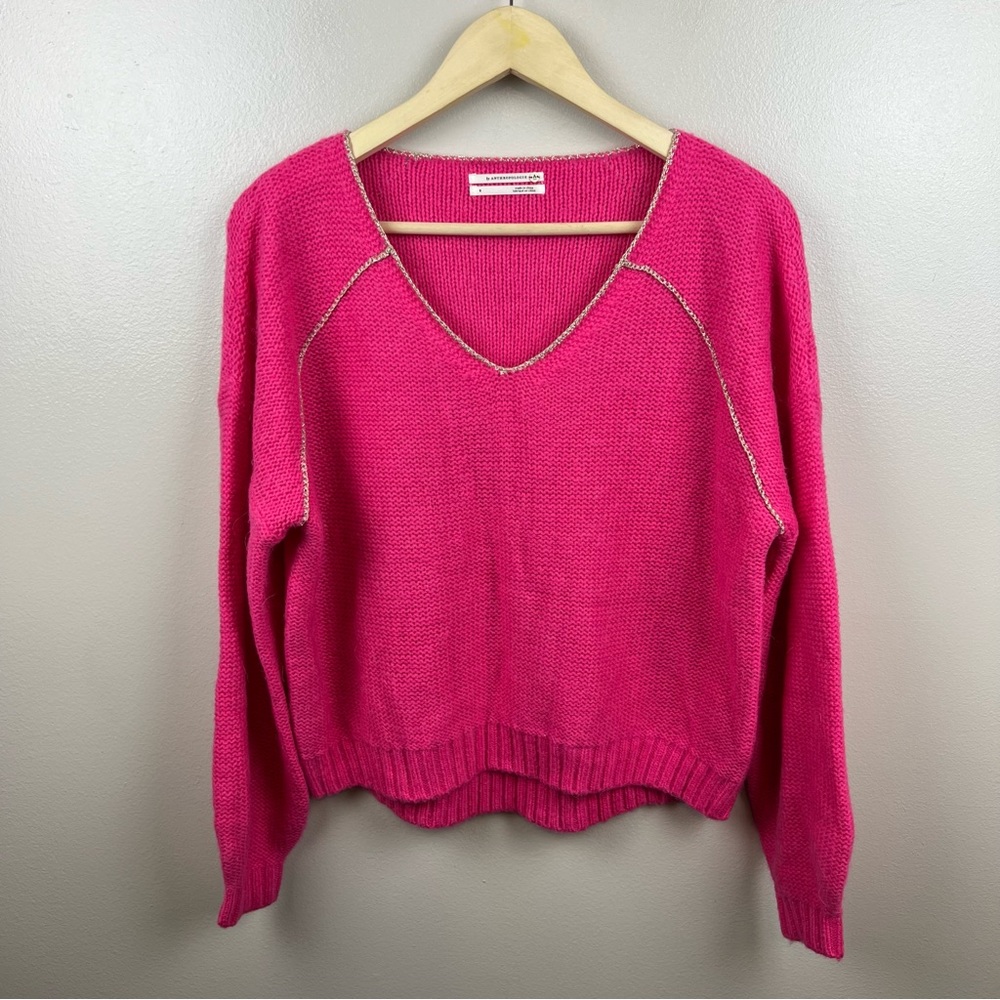 Anthropologie Theia Sweater Size Small Pink Alpaca Wool Cozy V-neck Barbiecore